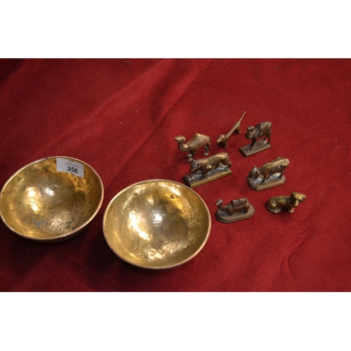 356 - Selection brass animal figures inc. Islamic style brass finger bowls