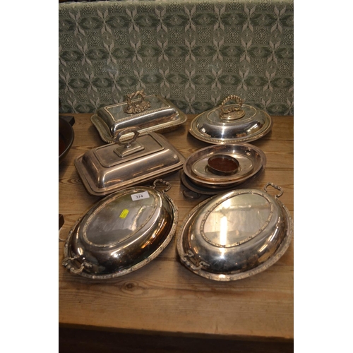 374 - Various silver plated lidded tureens with detachable handles & others