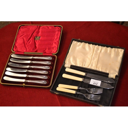 412 - Silver handled butter knives in case plus cased fish knives & forks