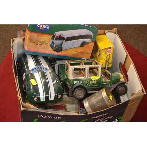 414 - Various collectable die cast & tin vehicles, some boxed inc. Corgi Grey Green AEC Regal coach in box