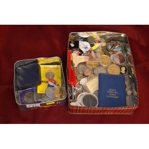 451 - Two tins of coins, badges, medallions & collectables