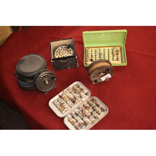 466 - Three fishing reels inc. Allcock aerialite, The Gnat fly reel & Milwards, together with two fly case... 