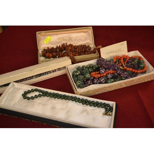 490 - Collection of necklaces including coral, jadeite, amethyst, hardstone, amber coloured stone, turquoi... 