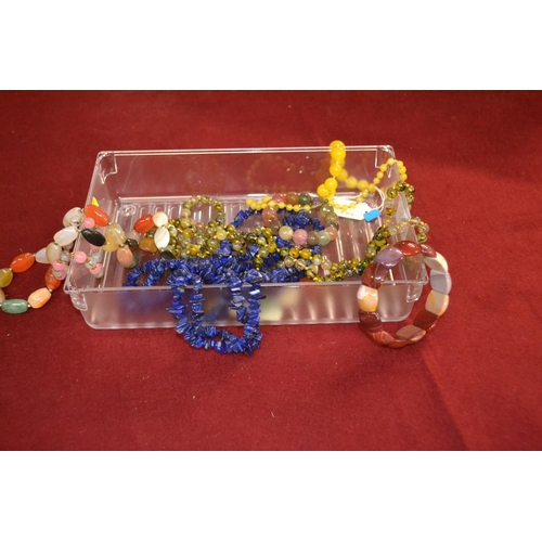 492 - Lapis lazuli, hardstone and amber coloured glass necklaces & 3 bracelets