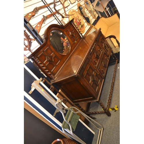 521 - Early art deco mirror backed oak sideboard with barley twist supports  w151cm x d50cm.