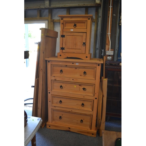 580 - Mexican pine  single bedside unit, 4 drawer chest of drawers, wardrobe with back panel missing needi... 