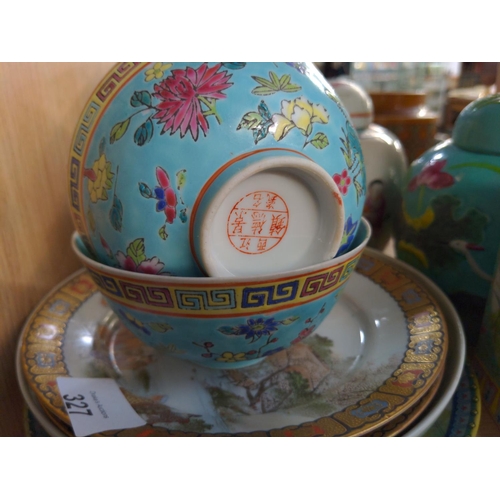 327 - Shelf of Oriental ceramic items inc. ginger jars. Some with areas of damage.