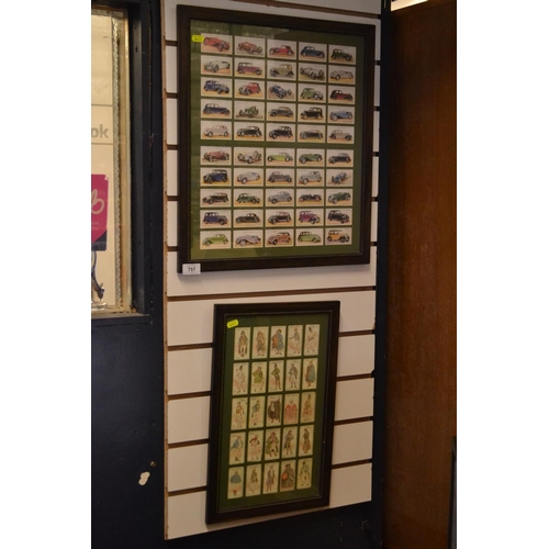 757 - Two framed and mounted cigarette cards inc. classic cars and Dickensian Characters.