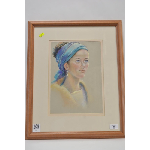 366 - Original pastel, lady with blue headband By Sally Beck.