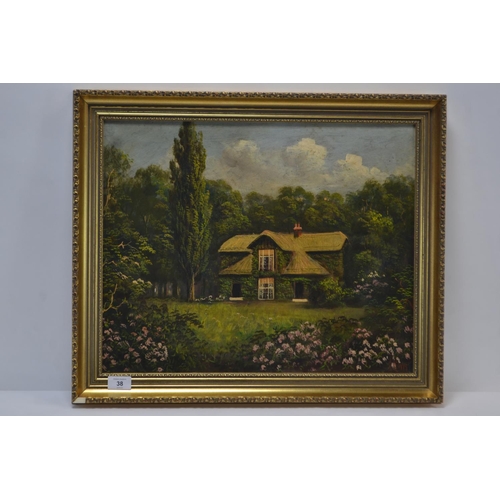 377 - J Lewis oil on canvas of Queen Charlotte's cottage at Kew 62cm x 51cm inclusive of frame