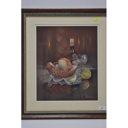 378 - A still life pastel by Ruskin-Browne titled 'Bread & Wine' 56cm x 63cm including frame