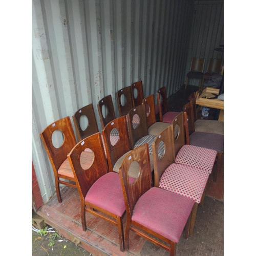 292 - 15 coffeehouse chairs, with cut circle backs and mismatch upholstery. Structurally solid but most up... 