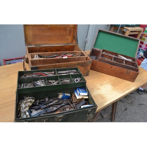 122 - 2 wooden boxes and tool contents. Mostly precision tools. Plus 1 metal box of tap & die parts