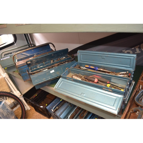 123 - 4 metal concertina tool boxes and contents. Mostly spanners, sockets, screwdrivers etc.