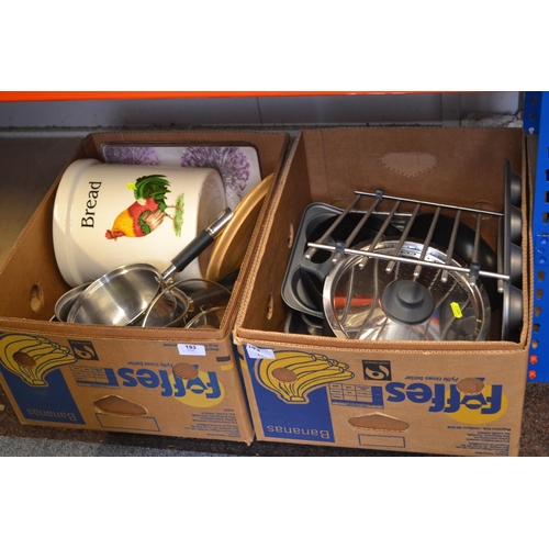 193 - 2 x boxes of Kitchenalia inc. stainless pots baking tins etc