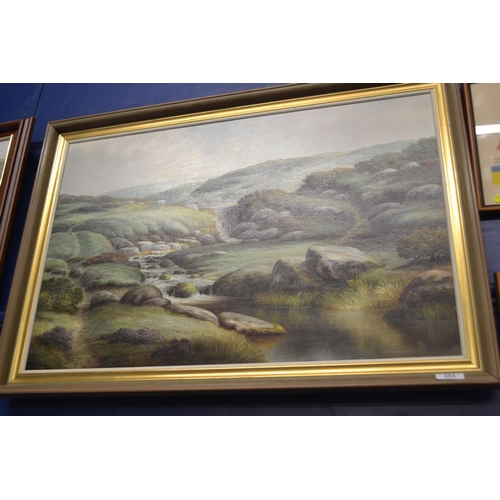 353 - Oil on canvas of a moorland scene by B Tucker. Width 84cm X 59cm