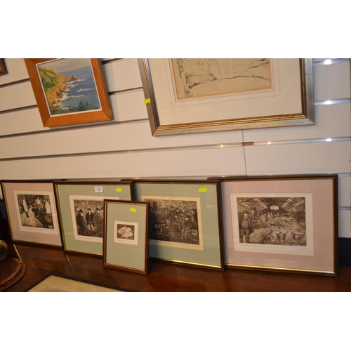 371 - 5 framed signed limited edition etchings. By E Gold. Hatherleigh market & farming related