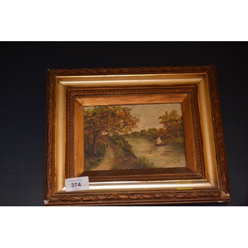 374 - Small oil on canvas of a river scene, signed E M Robertson 1910