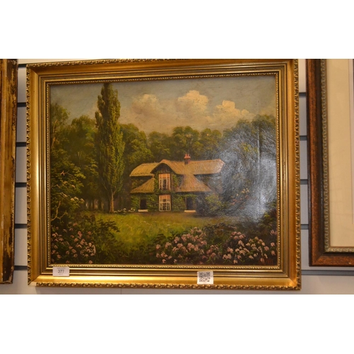 377 - J Lewis oil on canvas of Queen Charlotte's cottage at Kew 62cm x 51cm inclusive of frame