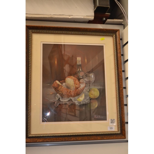 378 - A still life pastel by Ruskin-Browne titled 'Bread & Wine' 56cm x 63cm including frame