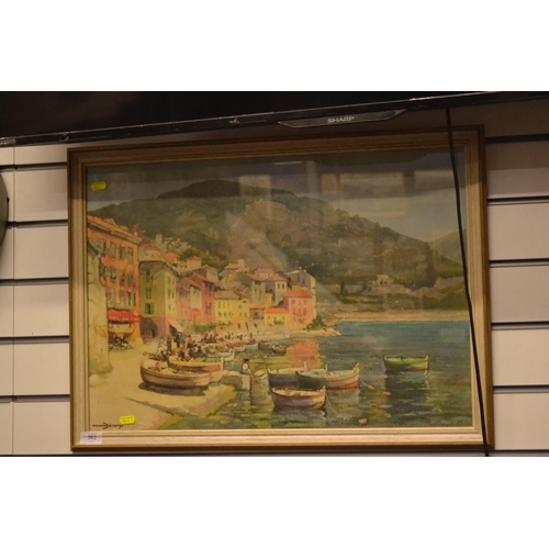 382 - Framed print by Maurice Decamps of a bustling harbour scene. Height 51cm x x70cm