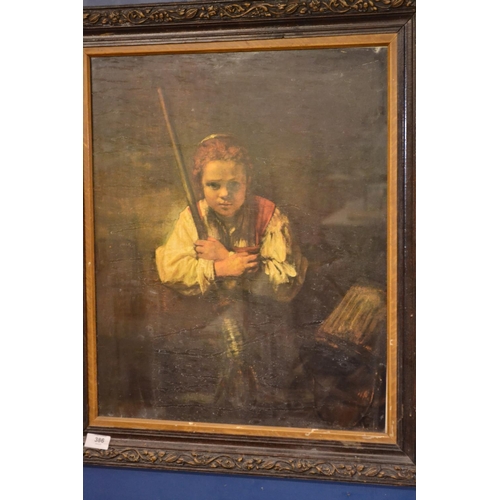 386 - Large framed print of a child with a varnish finish, height 69cm