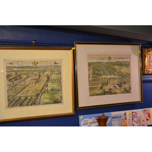 388 - Pair of hand coloured engraved book plates. Preston Hall in Ashford and one other stately home. Heig... 