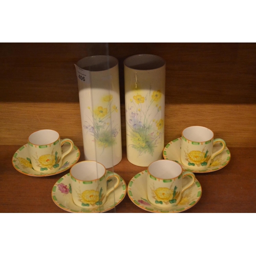 406 - Set of four Losol Ware coffee cans & saucers & a pair of Royal Worcester Spode Palissy vases, 17.5cm... 