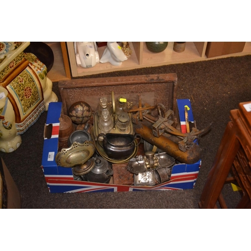 468 - Box of various items Inc. carved wooden tray & stand, carved wooden pots, pewter teapot and jugs, Av... 