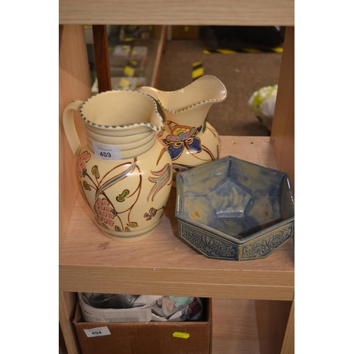 489 - Two Devon pottery jugs, one with repair, plus royal Doulton Lambeth hexagonal bowl