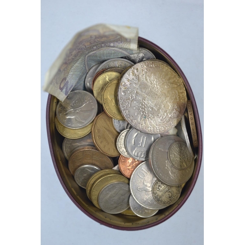 649 - Tin of coins & banknotes