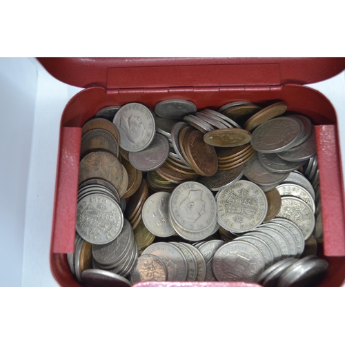 652 - Red cash tin containing mostly British coins