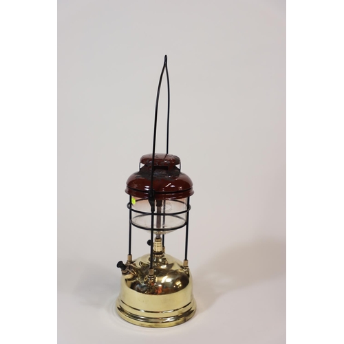 Brass Tilley lamp 34cm height. Glass shade marked 'Pyrex brand