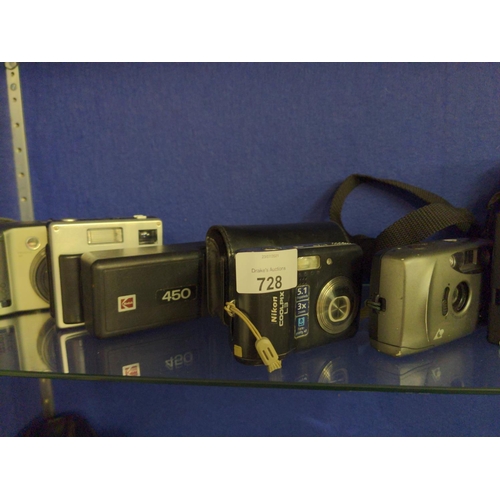 215 - Quantity of digital cameras etc. on shelf inc. Nikon, Coolpix, Kodak