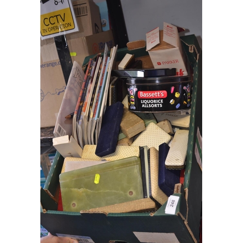 248 - Box of writing related items inc ink, magazines and empty pen boxes (No pens).