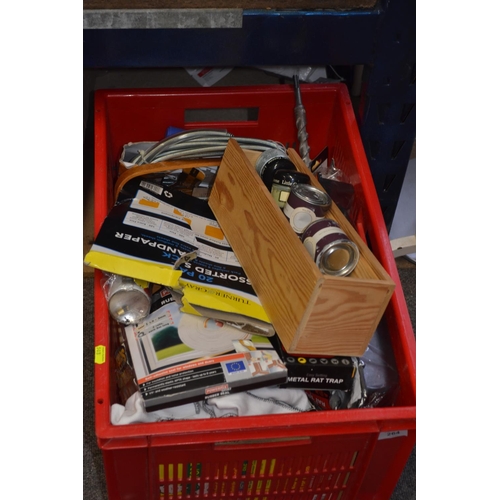 264 - Box of miscellaneous items inc. rat traps, tools, haberdashery box, sandpaper etc.