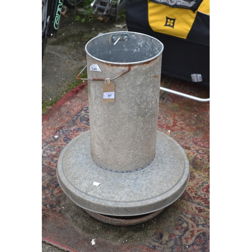 97 - Large galvanised chicken feeder. H64cm