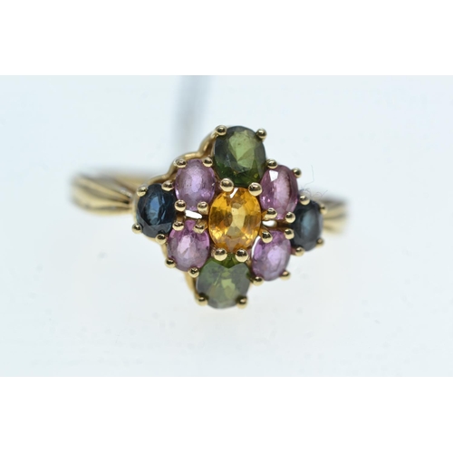 73 - 9ct gold & multi gem ring, size R, 3.57 grams
