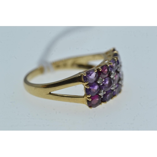 74 - 9ct gold, diamond & purple stone ring, size R, 3.6 grams