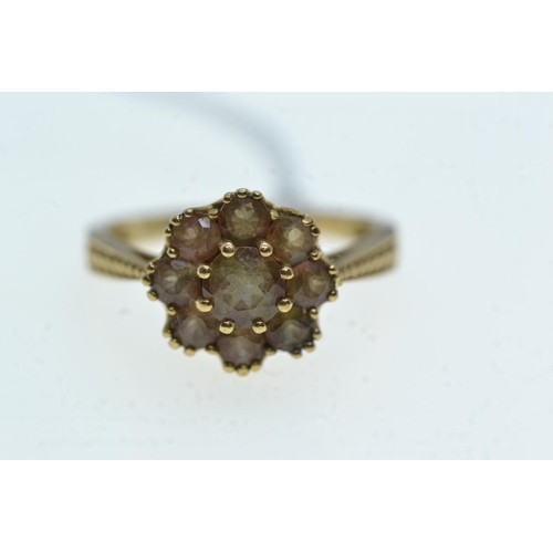 99 - 9ct gold & brown stone cluster ring, size N, 2.51 grams
