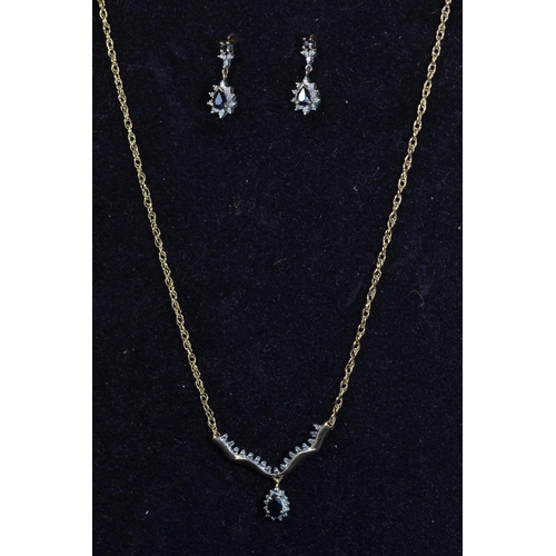 105 - 9ct gold, sapphire & diamond necklace & pendant earring set, necklace circumference 450mm, e... 