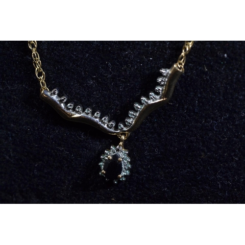 105 - 9ct gold, sapphire & diamond necklace & pendant earring set, necklace circumference 450mm, e... 