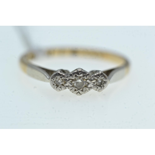 110 - 9ct gold, platinum & three stone diamond ring, size N, 2.03 grams