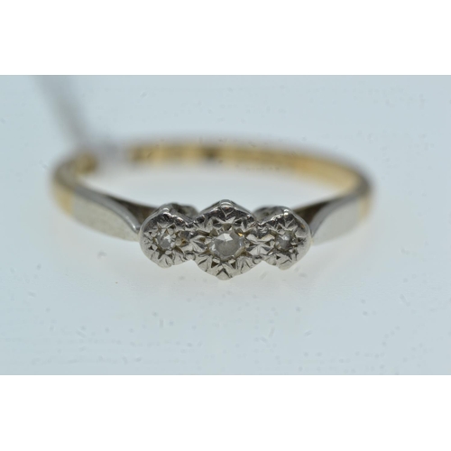 110 - 9ct gold, platinum & three stone diamond ring, size N, 2.03 grams