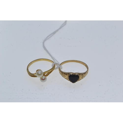 115 - Two 9ct gold & gem-set rings, one set with two cultured pearls & the other with a heart-shap... 