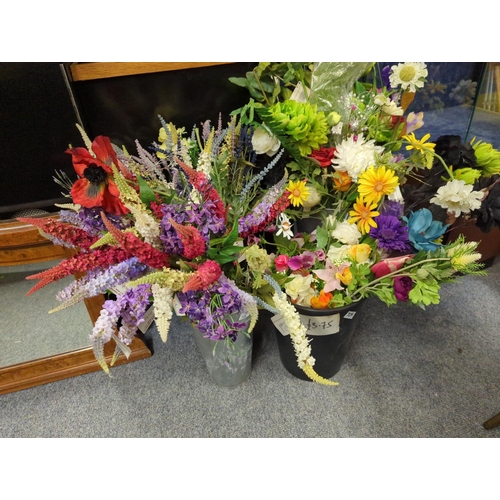 728 - Galvanised vase plus two other buckets of flowers.