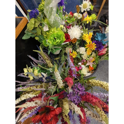 728 - Galvanised vase plus two other buckets of flowers.