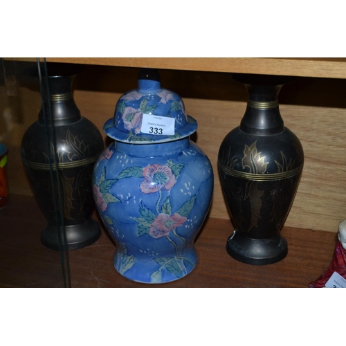 149 - Pair of brass decorated vases and lidded ceramic pot with poppy design.