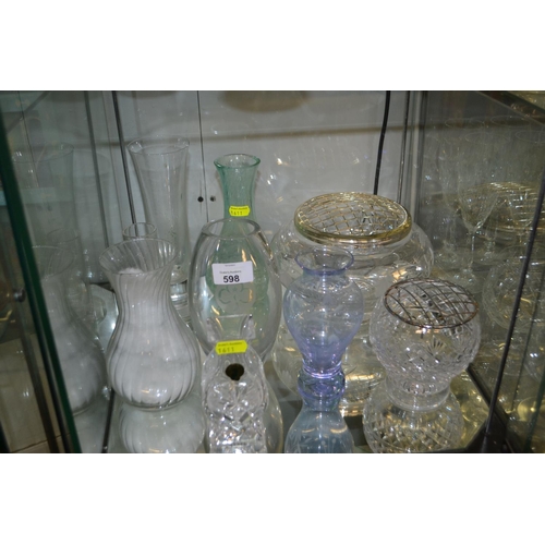 259 - Glass & crystal ware on shelf including rose bowls & vases, inc. Waterford & Caithness