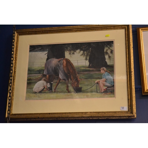 120 - Pastel picture signed B Yates of horse eating.